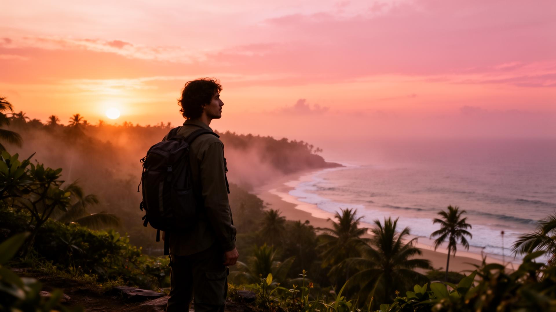 Traveler watching a tropical sunset over the coastline