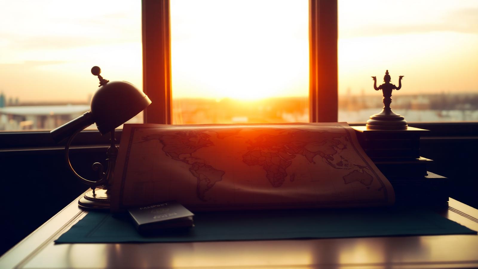 Vintage world map and passport on a desk lit by sunset light