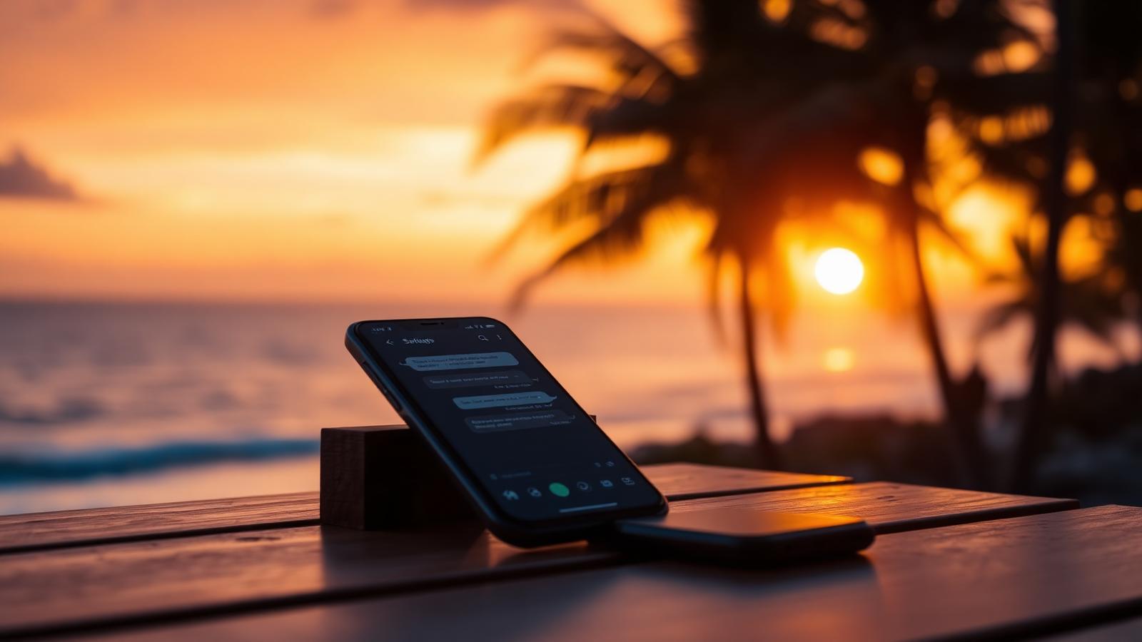 Phone glowing with an AI chat on a wooden table at sunset by the ocean